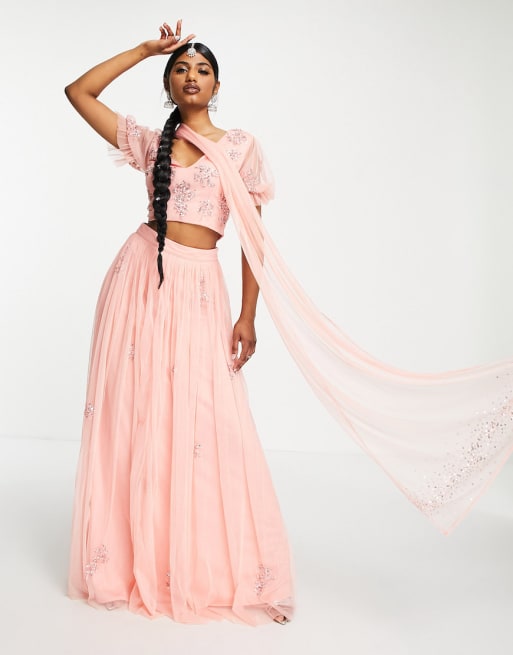 Maya ditsy floral embellished lehenga scarf in blush - LPINK