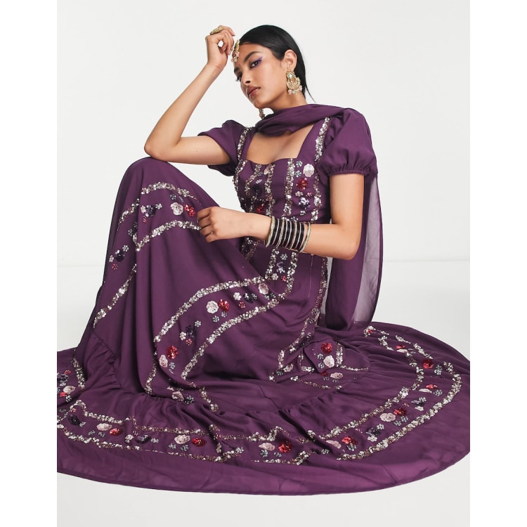 Maya floral and stripe embellished lehenga in plum co-ord | ASOS