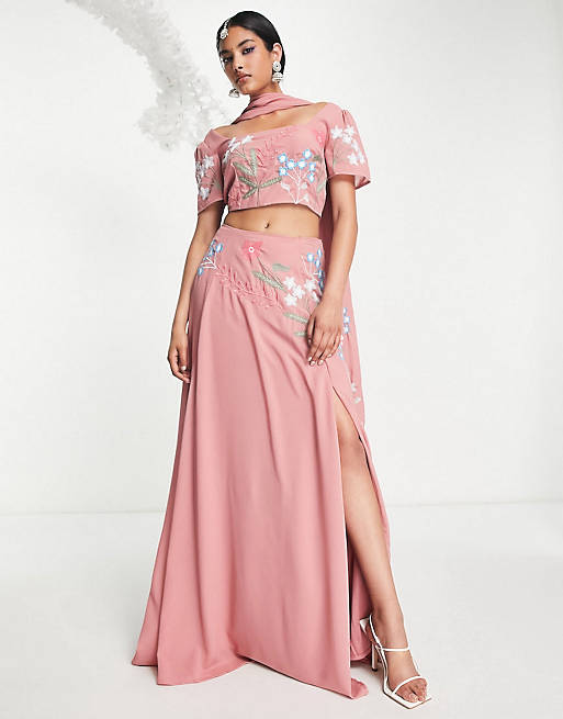 Maya floral embellished lehenga crop top and maxi skirt in blush