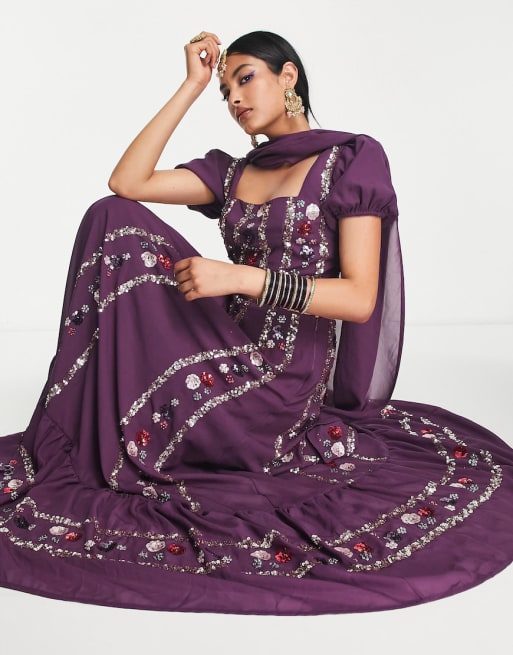 Maya - Lehenga - Coordinato color prugna decorato con fiori e strisce