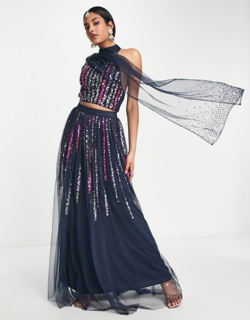 Maya - Lehenga - Coordinato multicolore con paillettes a righe
