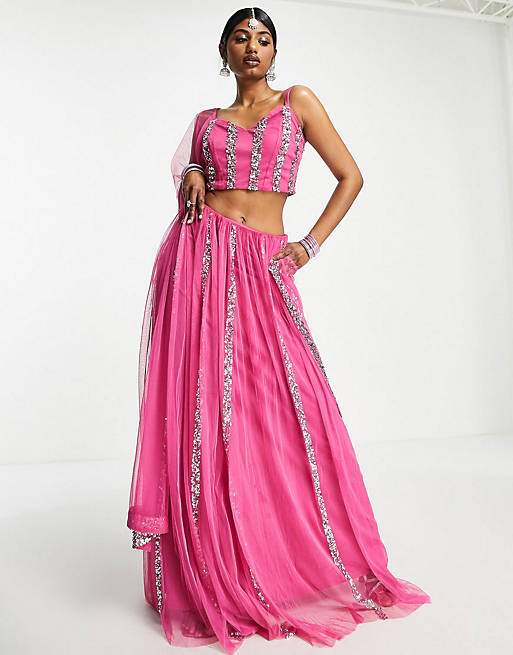 Maya linear embellished lehenga maxi skirt in pink