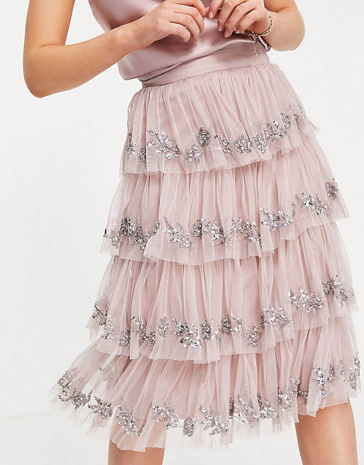 Maya Petite embellished cami top and tiered midi skirt co-ord in frosted pink