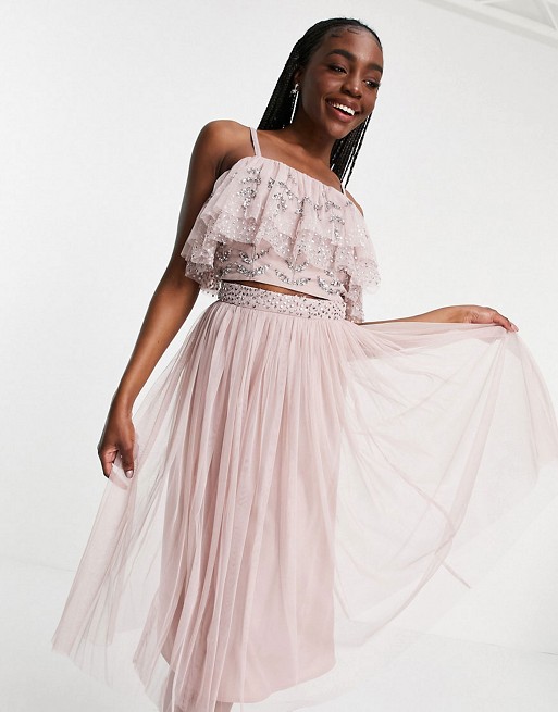 Maya Tall cold shoulder embellished crop top and tulle midi skirt with slit co-o