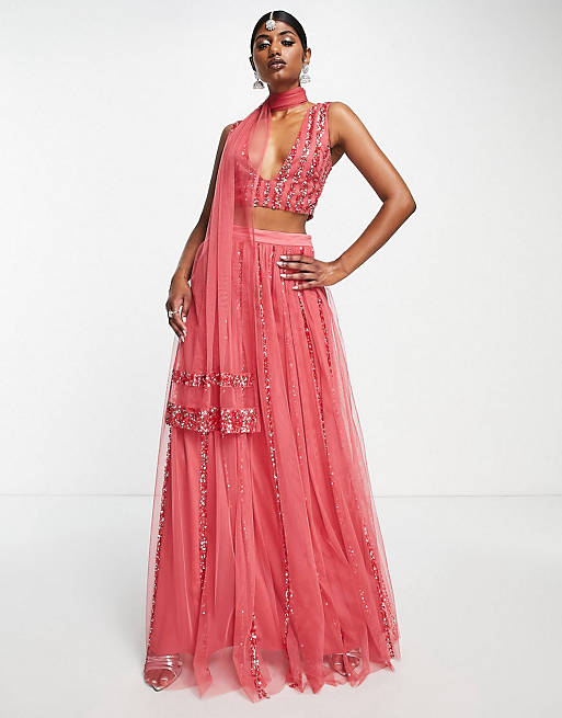 Maya triangle embellished lehenga crop top, scarf and maxi skirt in red