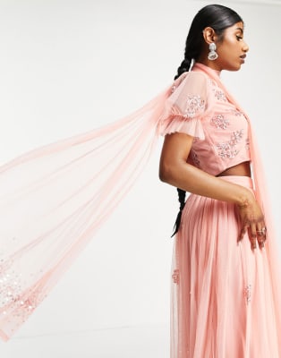Maya Deluxe Maxi-jurk voor dames, lange mouwen, V-hals, diepe pailletten, verfraaid voor bruiloft, gast, bruidsmeisje, gala, Groene Lelie, 44