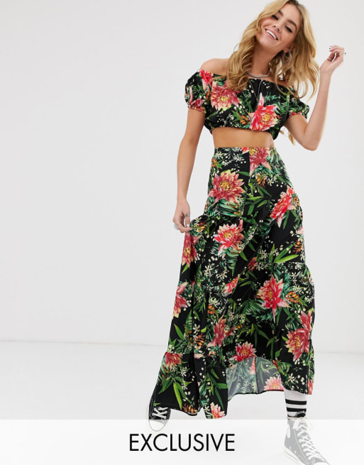 Milk It – Vintage – Komplet z nadrukiem kwiatowym: top typu bandeau i falbaniasta spódnica maxi