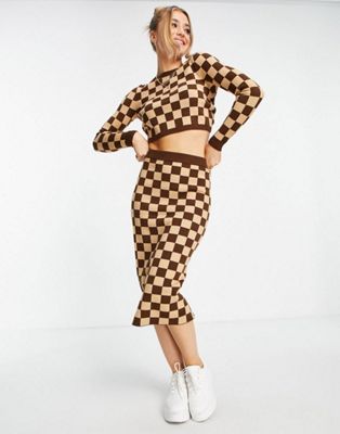 Miss Selfridge Camel Checkerboard Midi Skirt Co-ord