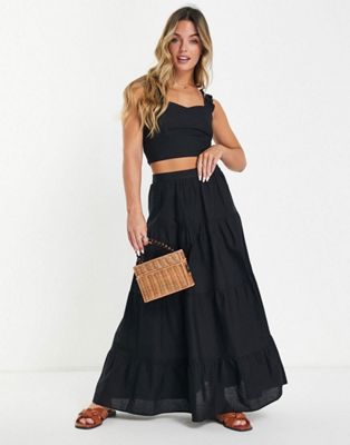 Miss Selfridge tiered linen look maxi skirt in black co-ord