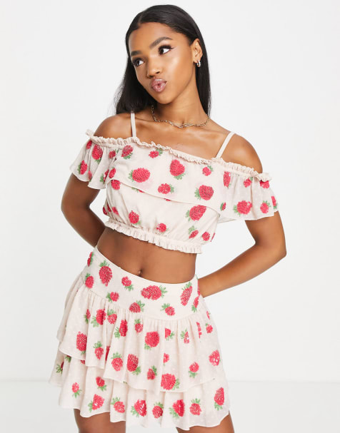 ASOS DESIGN shirred crop top with eyelet straps in pink