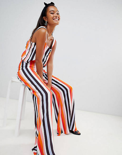 Miss Selfridge rainbow striped button up cami & pants two-piece