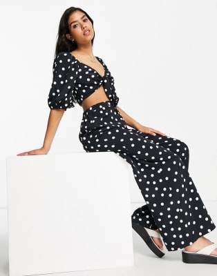 Miss Selfridge tie front top and pant set in mono spot