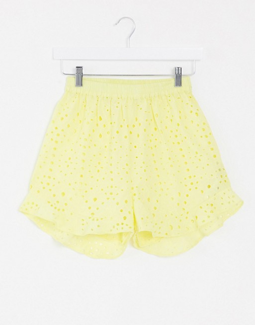 Missguided co-ord broderie frill hem shorts in yellow
