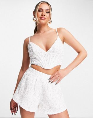 Missguided co-ord lace shorts and bralet in white