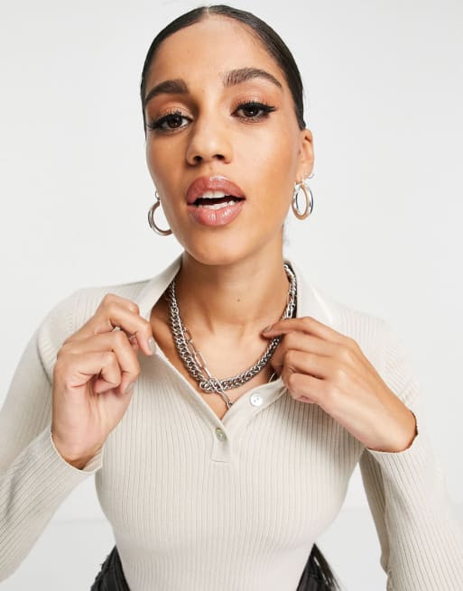 Missguided - Co-ord set van gebreide polo-top en rokje in stone
