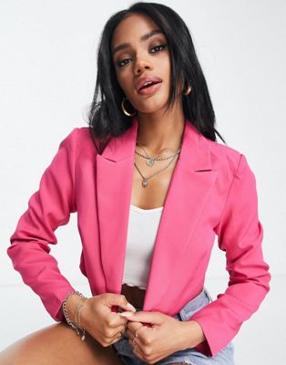 Missguided co-ord shirred strap mini dress and cropped blazer in bright pink