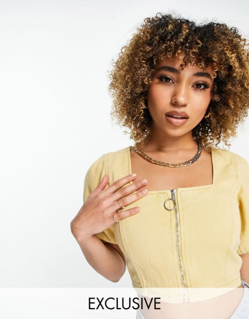 Missguided denim top & skirt coord in yellow ASOS