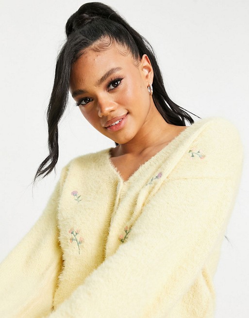 Missguided co-ord fluffy cardigan with embroidered detail in lemon