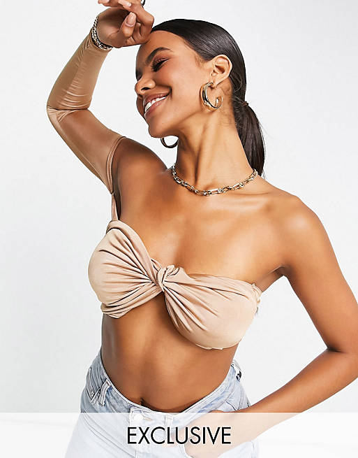 Missguided knotted crop top & skirt co-ord in beige
