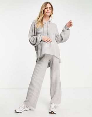 Missguided Maternity co-ord knitted hoodie and wide leg trouser in grey