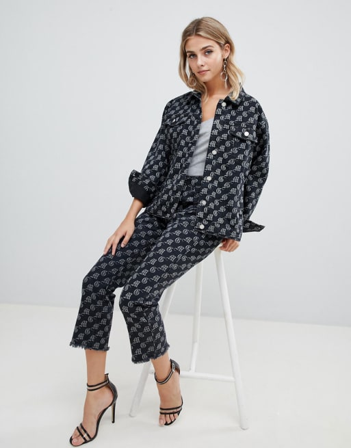 Missguided oversized branded denim jacket & jeans two-piece