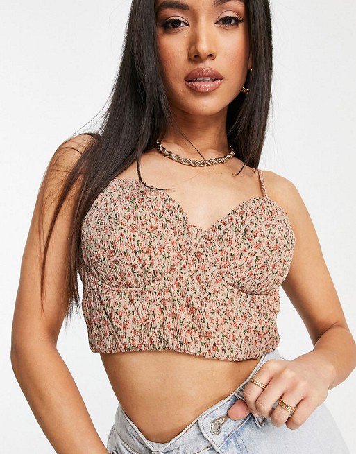 Missguided Petite co-ord crinkle shorts in brown ditsy