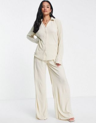 Missguided Petite co-ord crinkle wide leg trouser and crinkle shirt in cream