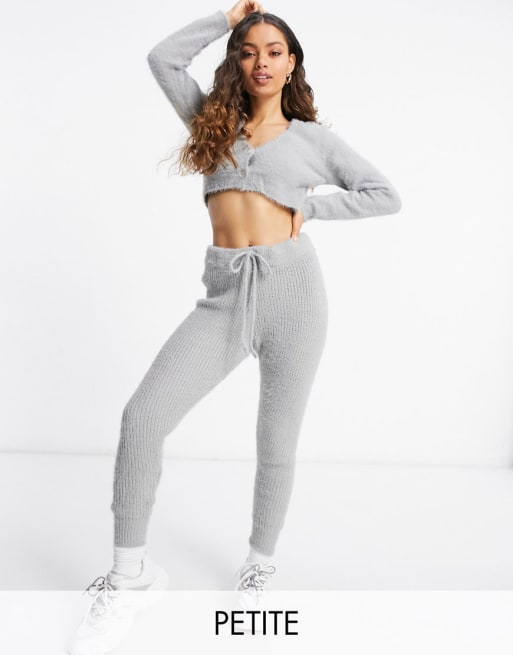 Missguided Petite loungewear co-ord fluffy ribbed legging in grey, ASOS