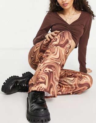 Missguided Petite co-ord long sleeve top and wide leg trouser in brown marble