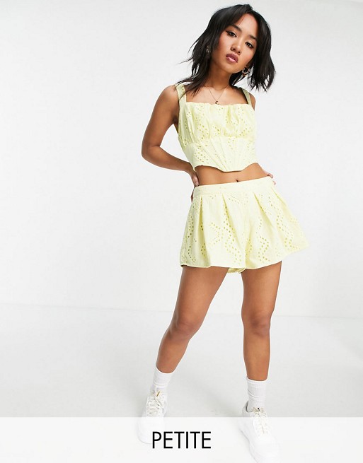 Missguided Pettie co-ord pleated shorts in yellow broderie