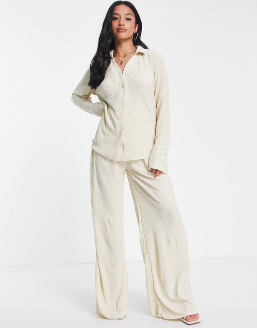 Missguided Petite crinkle wide leg pants and crinkle shirt in cream - part of a set