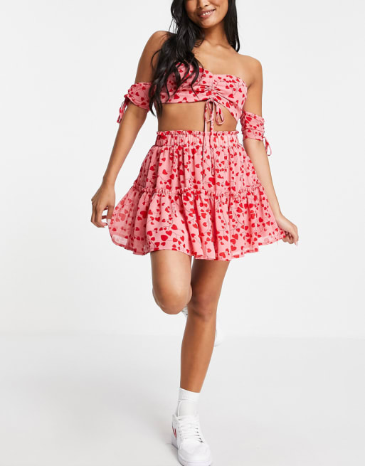 Missguided Petite co-ord heart print bardot crop top in pink