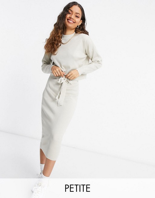 Missguided Petite co-ord knitted midi skirt with tie waist in oatmeal