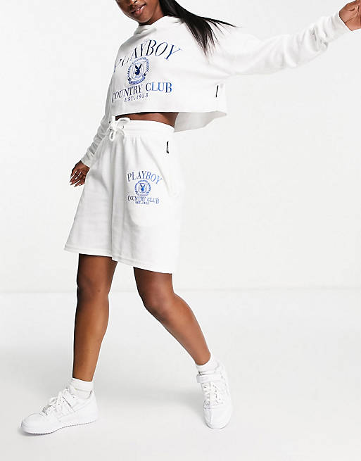 Missguided Playboy Sports co-ord waffle shorts in white
