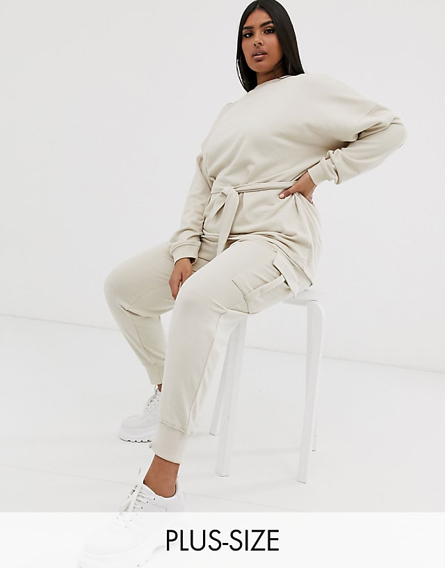 Missguided Plus belted sweatshirt & sweatpants two-piece in beige | ASOS