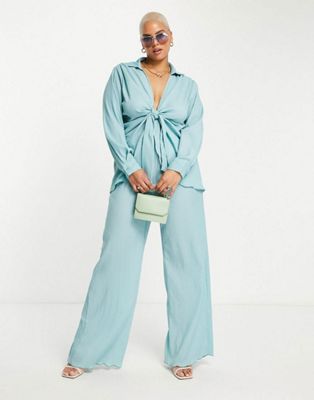 Missguided Plus co-ord crinkle blouse with tie front in blue