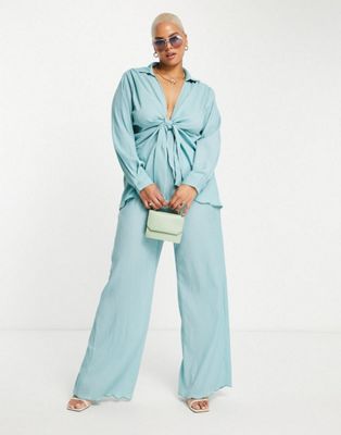 Missguided Plus co-ord crinkle wide leg trouser and tie front blouse in blue