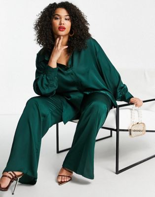 Missguided Plus co-ord satin shirt in dark green