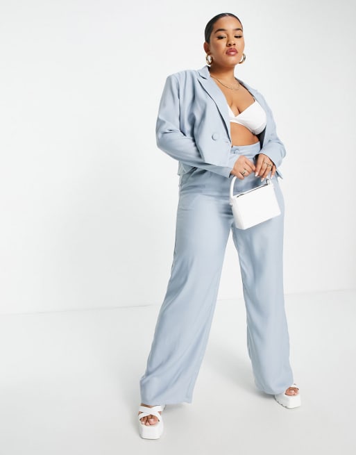 Missguided Plus crop blazer and pleated wide leg pants in blue