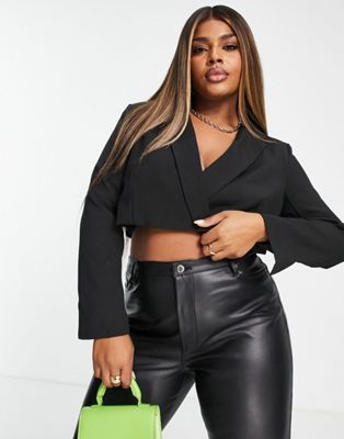 Missguided Plus cropped blazer and straight leg trousers in black