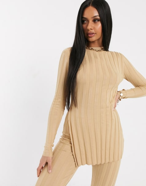 Missguided ribbed co-ord in camel