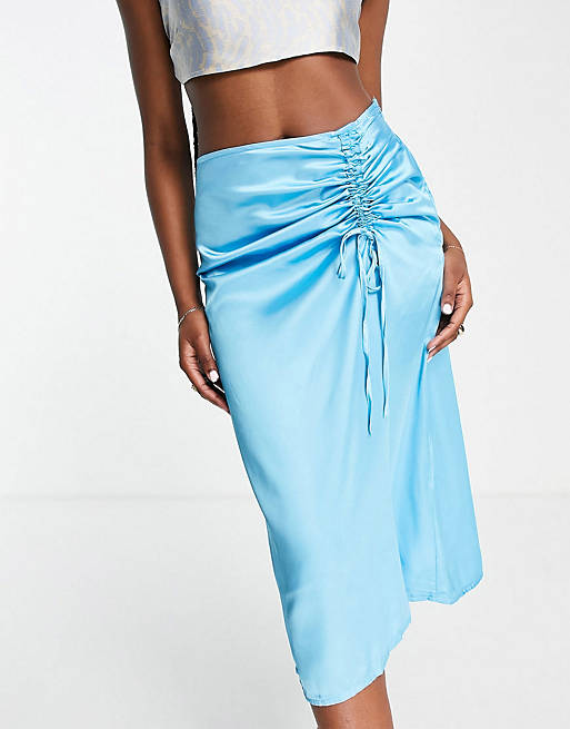 Missguided co-ord satin tie side midi skirt in blue