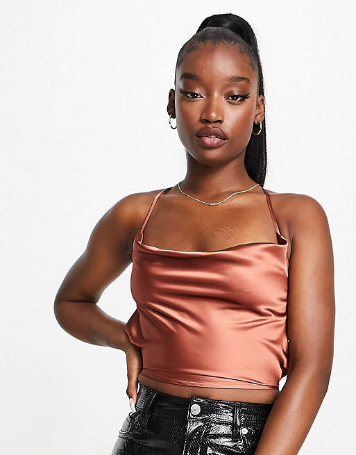 Missguided satin cami top and skirt co-ord in chocolate
