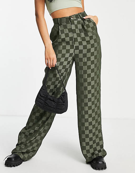 Missguided Tall satin checkerboard co-ord in khaki