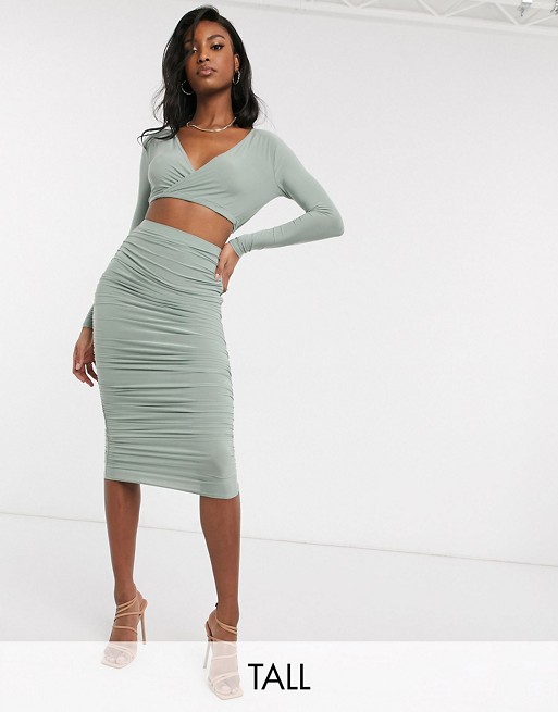 Missguided Tall co-ord slinky ruched midi skirt in sage