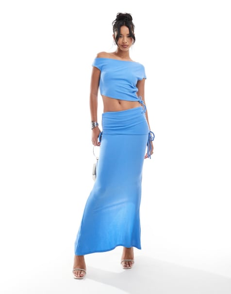 Missy Empire off shoulder top and maxi skirt set with tie detail in blue - view 1