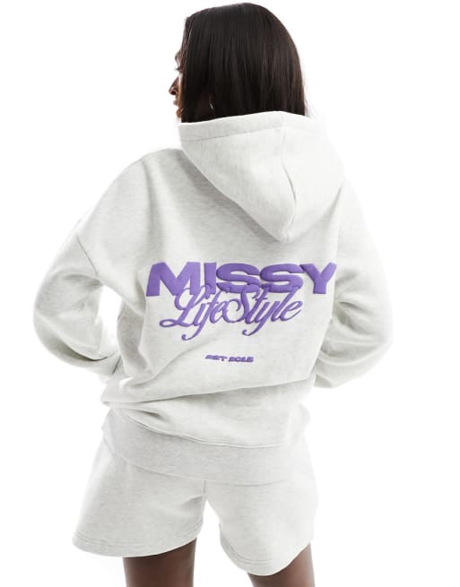 Missy Empire – Set in meliertem Hellgrau aus Oversize-Kapuzenpullover und Sweat-Shorts