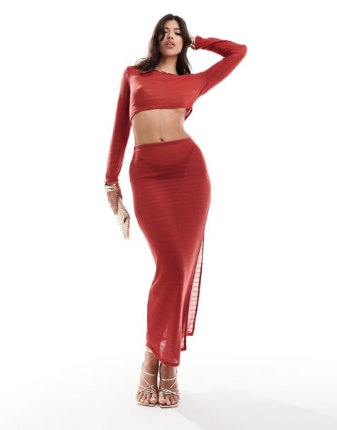 Missyempire exclusive cropped long sleeve beach top and skirt co-ord in rust - view 1