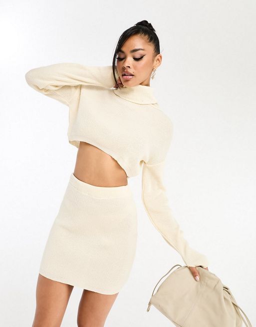 Missyempire knitted crop jumper and mini skirt co-ord in cream | ASOS
