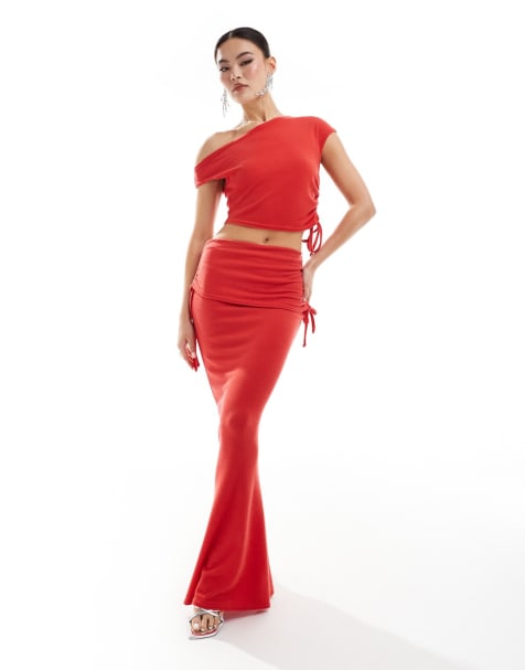 Missyempire off shoulder top and maxi skirt with tie co-ord in red - view 1